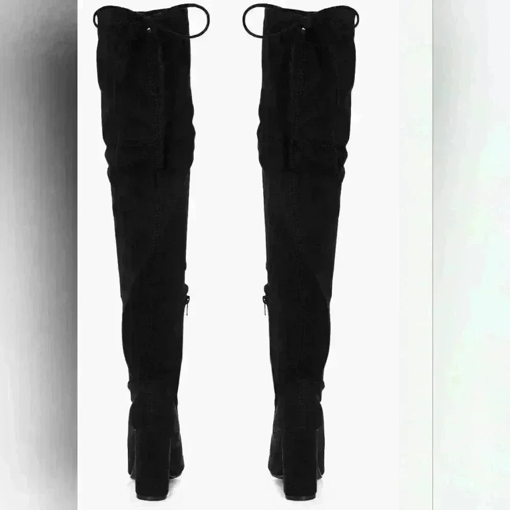 Boohoo Rebecca Block Heel Over The Knee Black Faux Suede Thigh High Boots Boot - Picture 2 of 3